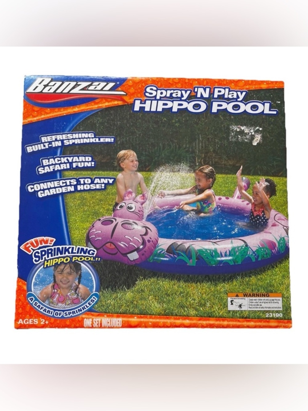 Banzai Spray N Play Hippo Inflatable Kiddie Pool Sprinkler Backyard Fun